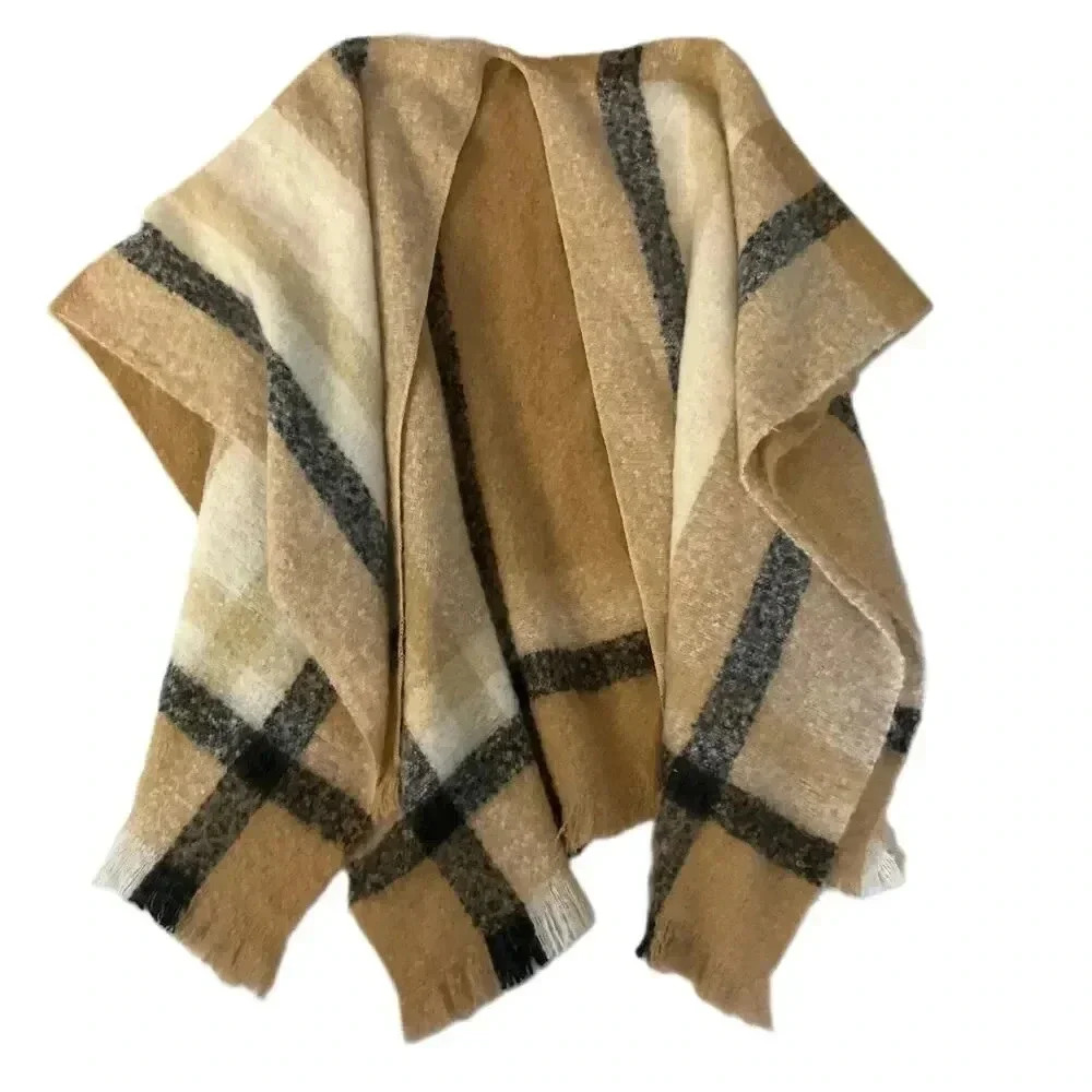 Blair Womens Tan Brown White Plaid Pattern Fringed Edges Poncho‎ Shawl